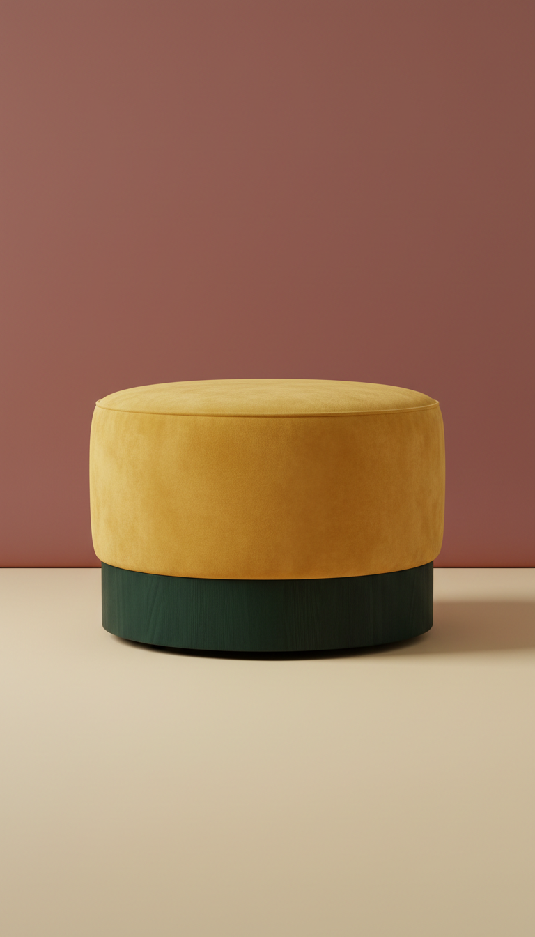 Pouf rond velours safran et base bois vert pin